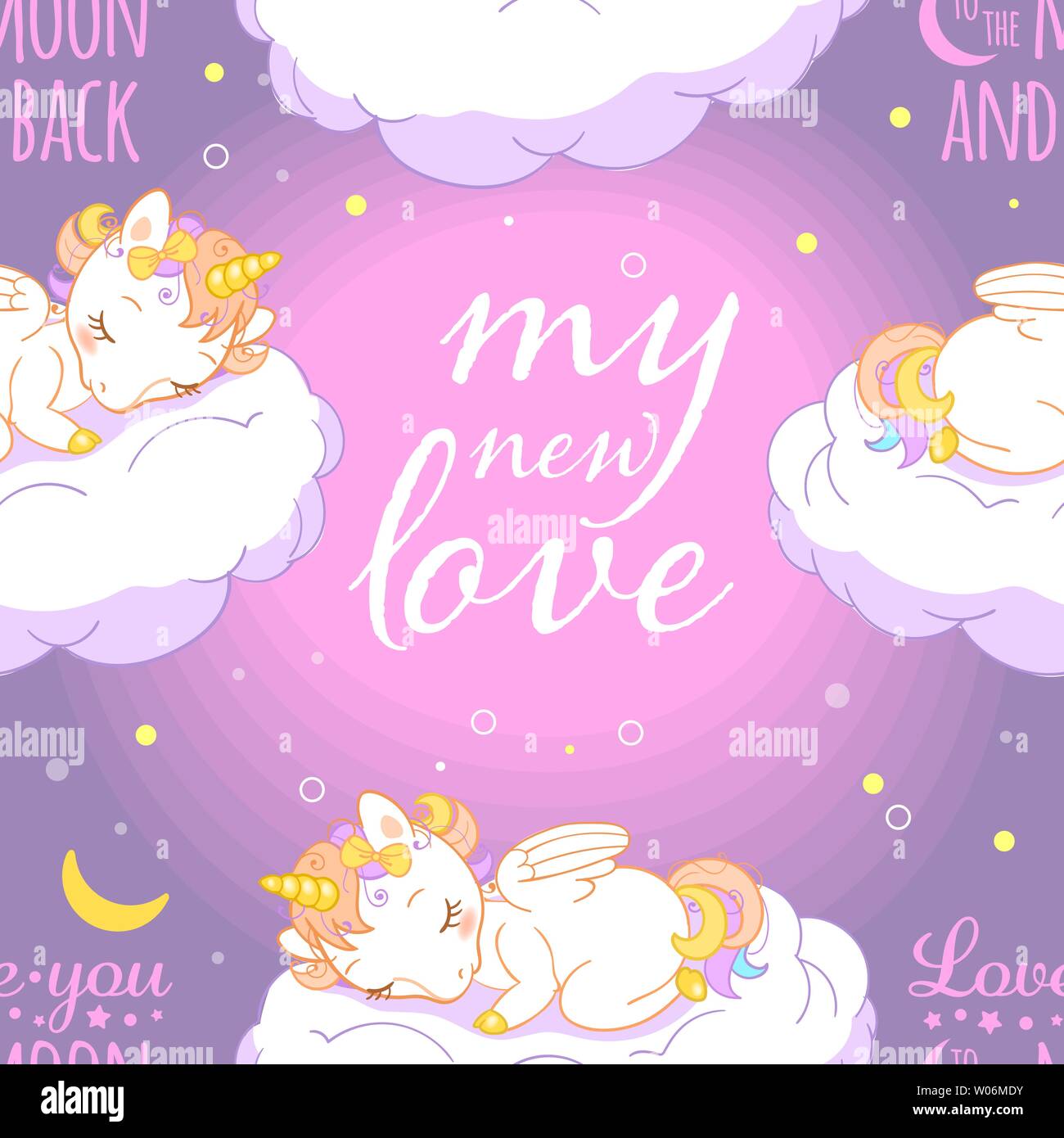 Seamless pattern with cute little sleeping baby unicorns, clouds and ...
