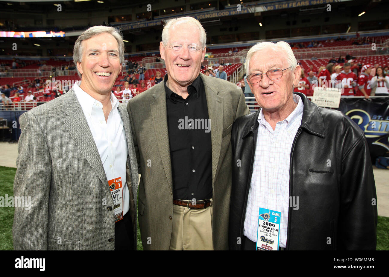 Former St. Louis Football Cardinals players and members of the Pro Football Hall of Fame (L to R) Roger Wehrli, Jackie Smith and Larry Wilson, gather for a photograph before a game between the Arizona Cardinals and the St. Louis Rams at the Edward Jones Dome in St. Louis on November 22, 2009.   UPI/Bill Greenblatt Stock Photo