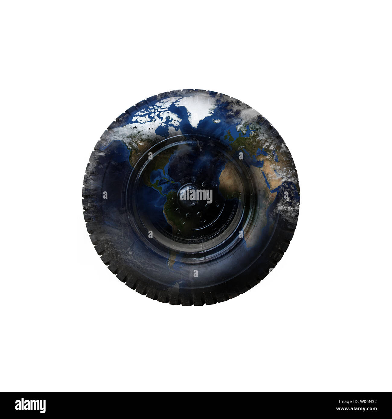 Truck wheel and tire with world map and cloud image source from NASA