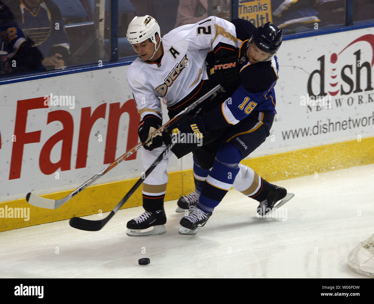 St. Louis Blues Jay McClement (18) and Anaheim Ducks Sheldon Brookbank battle for the puck in the first period at the Scottrade Center in St. Louis on April 9, 2010.   UPI/Bill Greenblatt Stock Photo