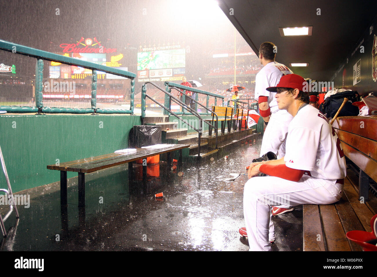 Dugout Raining St. Louis Cardinals Colby Rasmus and Brendan Ryan watch heavy rain fall ...