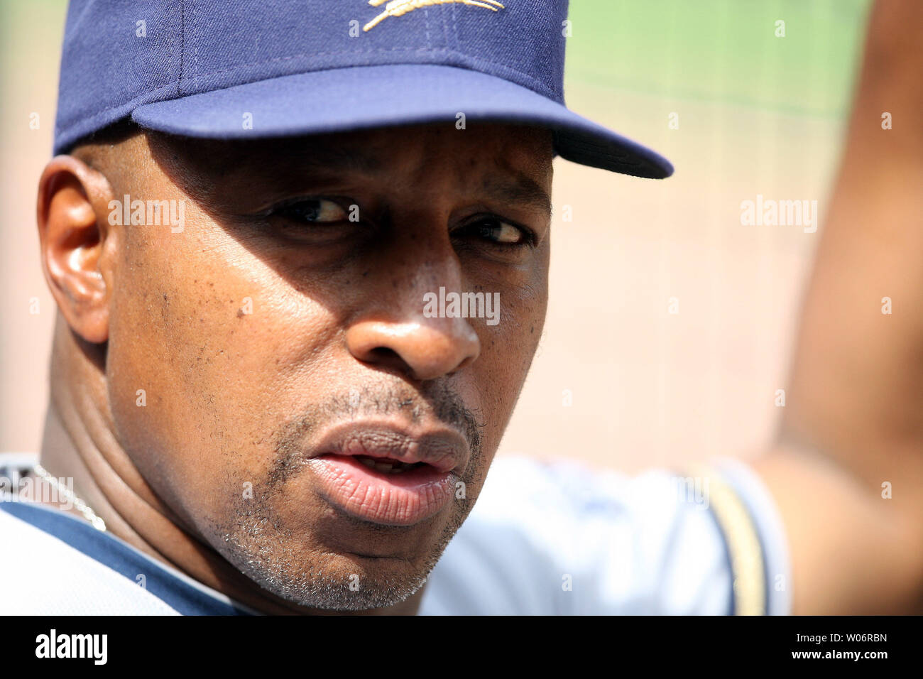 Milwaukee Brewers bench coach Willy Randolph looks to the stands during a game against the St. Louis Cardinals at Busch Stadium in St. Louis on June 5, 2010. UPI/Bill Greenblatt Stock Photo