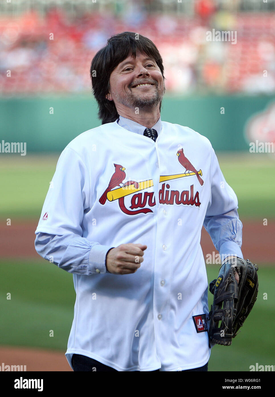 Award-winning documentary film-maker Ken Burns runs in following a  ceremonial first pitch before the Arizona Diamondbacks-St. Louis Cardinals  baseball game at Busch Stadium in St. Louis on June 28, 2010. UPI/Bill  Greenblatt