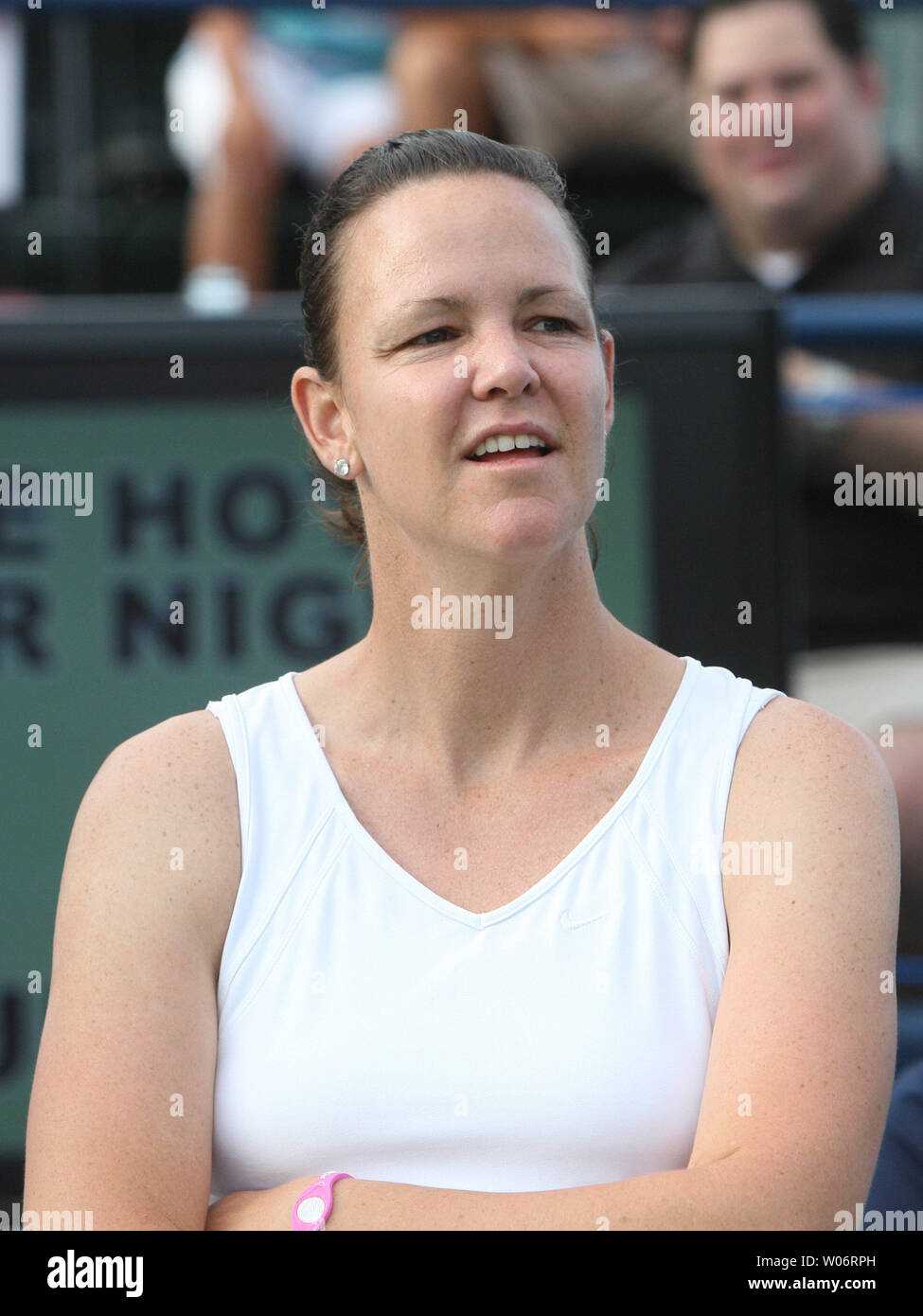 Three-time Grand Slam singles champion  and former world No.1 women's tennis player Lindsay Davenport listens to introductions as a member of the St. Louis Aces during their match against the Sacramento Capitals in World Team Tennis matches at the Dwight Davis Tennis Center in St. Louis on July 7, 2010.  UPI/Bill Greenblatt Stock Photo