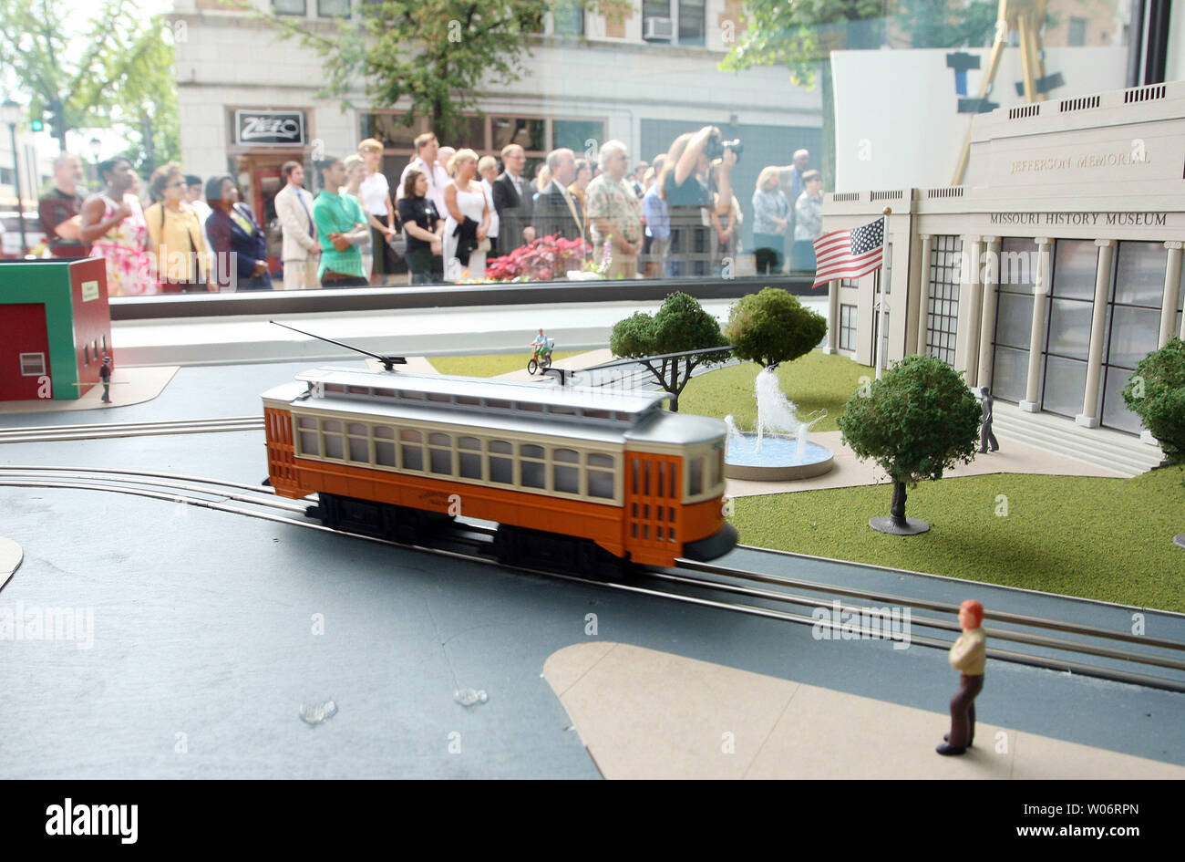 A model trolley car wizzes by in a window display at the Blueberry Hill