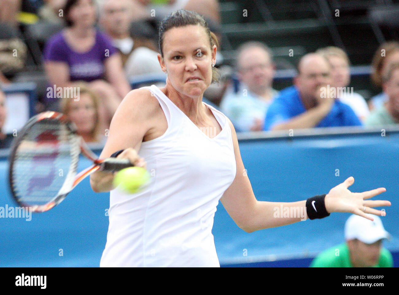 Three-time Grand Slam singles champion  and former world No.1 women's tennis player Lindsay Davenport returns a serve as a member of the St. Louis Aces during their match against the Sacramento Capitals in World Team Tennis matches at the Dwight Davis Tennis Center in St. Louis on July 7, 2010.  UPI/Bill Greenblatt Stock Photo