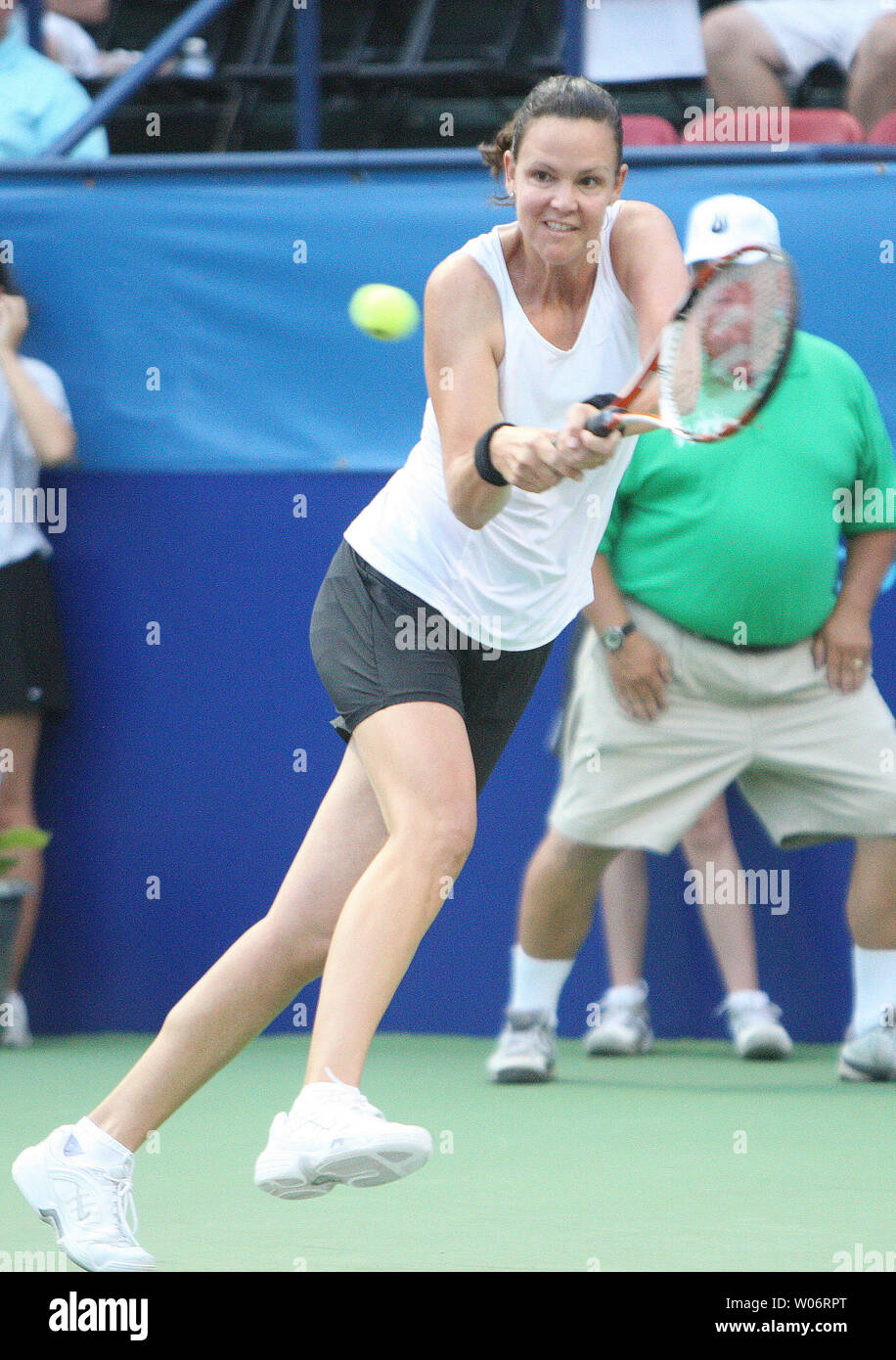 Three-time Grand Slam singles champion  and former world No.1 women's tennis player Lindsay Davenport returns a serve as a member of the St. Louis Aces during their match against the Sacramento Capitals in World Team Tennis matches at the Dwight Davis Tennis Center in St. Louis on July 7, 2010.  UPI/Bill Greenblatt Stock Photo