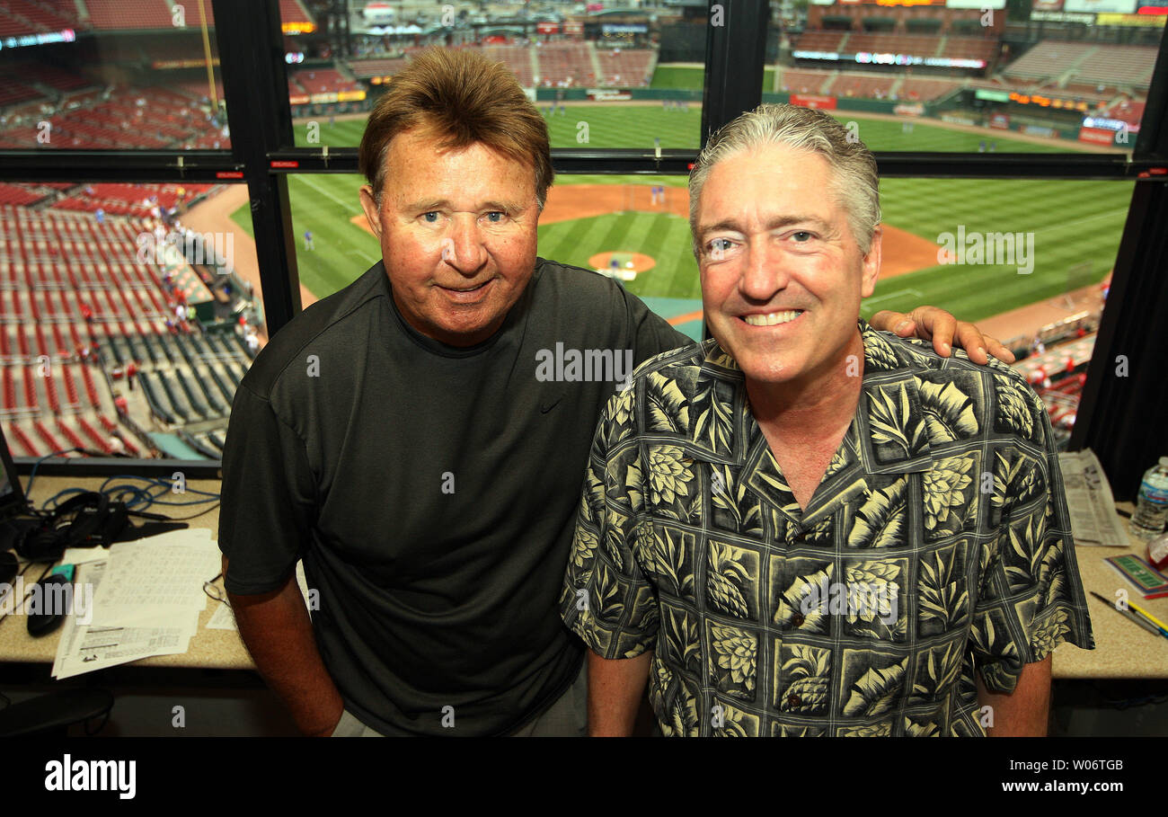 Chicago Cubs broadcasters Ron Santo (L) and Pat Hughes pose for a  photograph before a game between the Cubs and the St. Louis Cardinals at  Busch Stadium in St. Louis on September