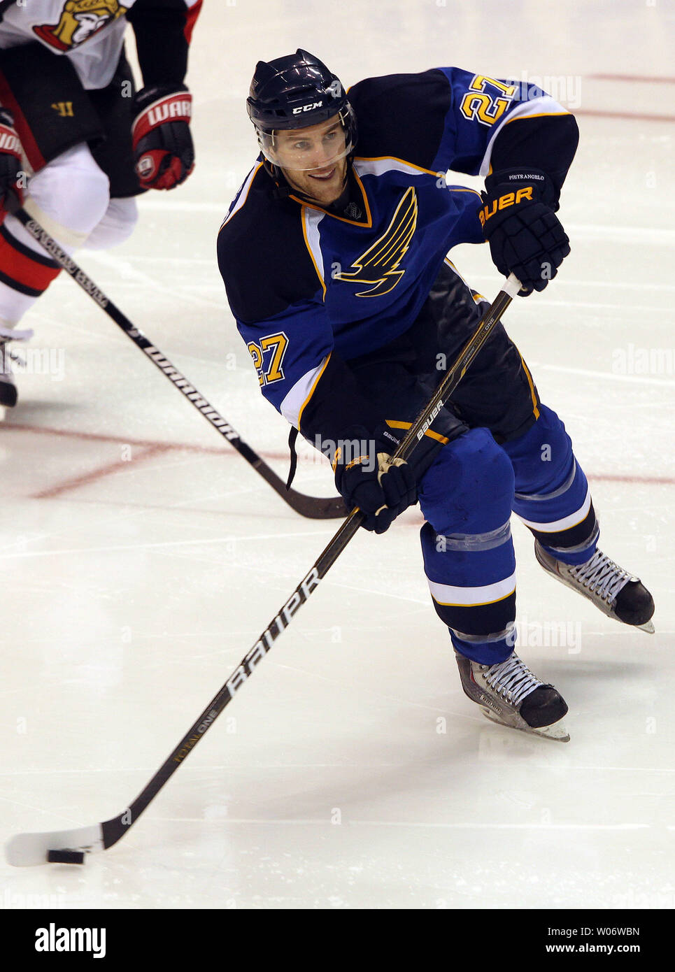 St. Louis Blues Paul Kariya advances the puck up the ice during the first  period against the Edmonton Oilers at the Scottrade Center in St. Louis on  December 11, 2009. UPI/Bill Greenblatt