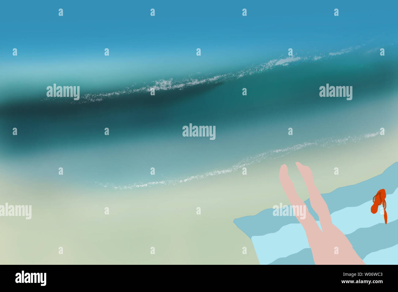 Illustration sandy beach with parasols in a row aerial view ocean wave Stock Photo