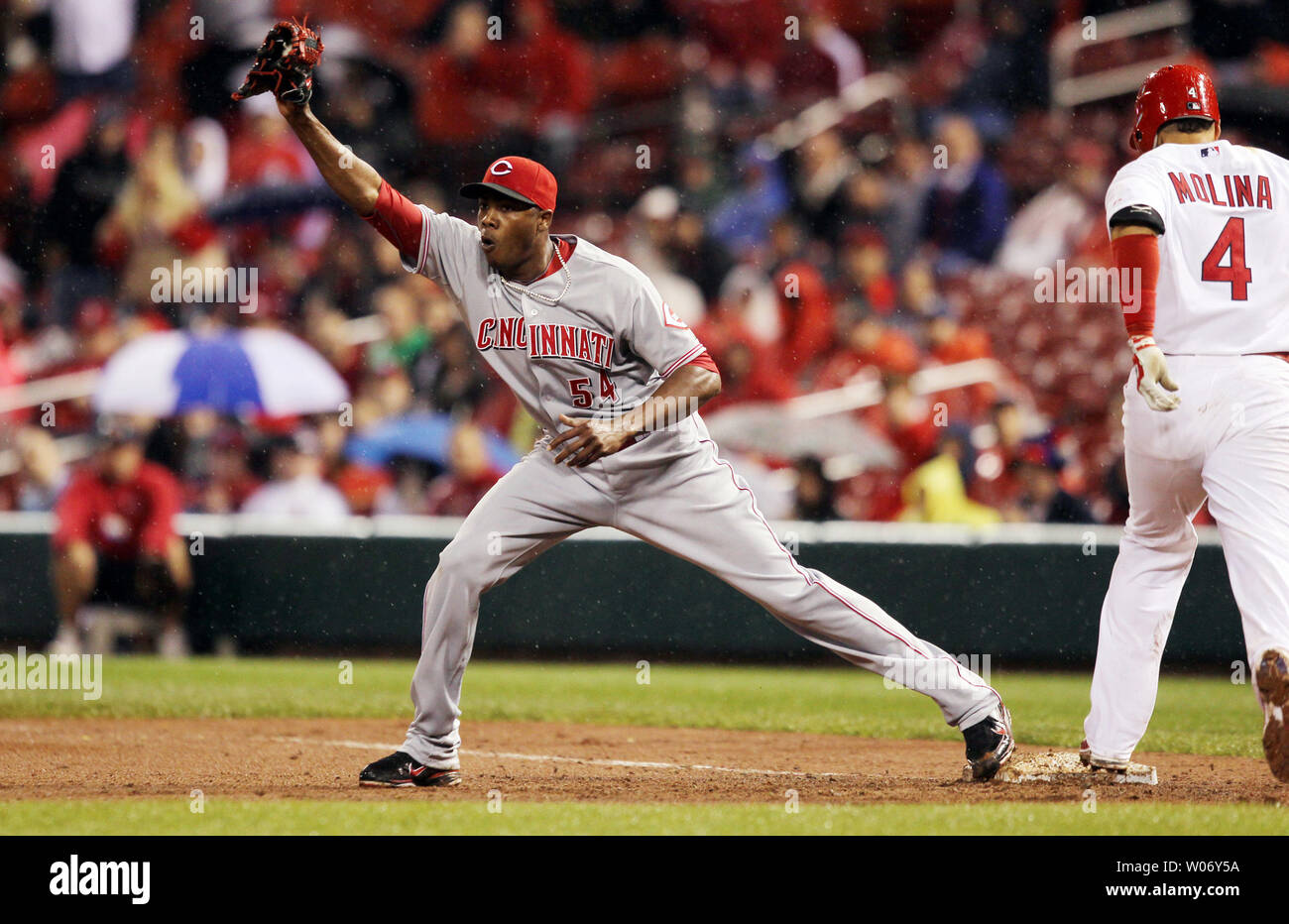 Cincinnati Reds pitcher Aroldis Chapman works against the American League  during the All-Star Game at Target Field in Minneapolis on Tuesday, July  15, 2014. The A.L. won, 5-3. (Photo by Kyndell Harkness/Minneapolis
