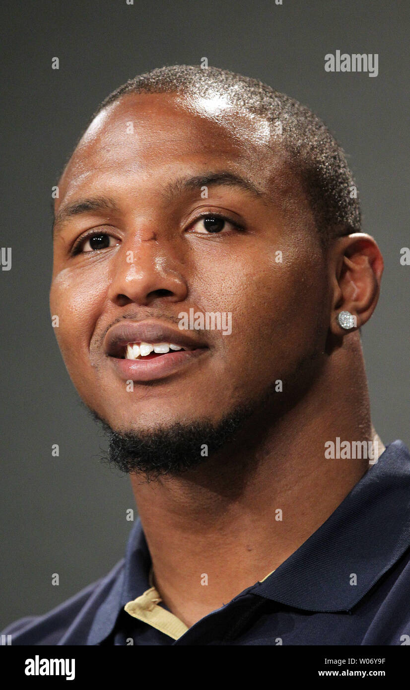 Robert Quinn, the St. Louis Rams first round draft pick, talks with reporters at the team's practice facility in Earth City, Missouri on April 29, 2011. Quinn, the 14th pick overall, played his college football as a defensive end, at North Carolina. UPI/Bill Greenblatt Stock Photo