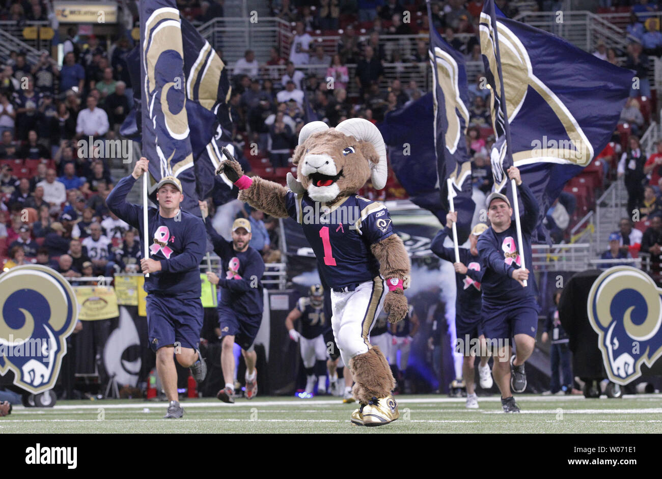 The St. Louis Rams mascot Rampage, leads the team onto the field for a game against the Washington Redskins at the Edward Jones Dome in St. Louis on October 2, 2011. UPI/Bill Greenblatt Stock Photo