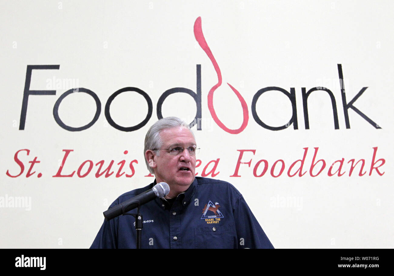 Missouri Governor Jay Nixon encourages local deer hunters to donate venison through the Share the Harvest program during a visit to the St. Louis Area Food Bank in Earth City, Missouri on November 1, 2011.  Nixon also announced additional funding for Missouri food banks to feed low-income families. Share the Harvest is a partnership between the Conservation Federation, the Missouri Department of Conservation, local food banks and meat processors to provide venison donated by hunters and processors to Missouri families in need.  UPI/Bill Greenblatt Stock Photo