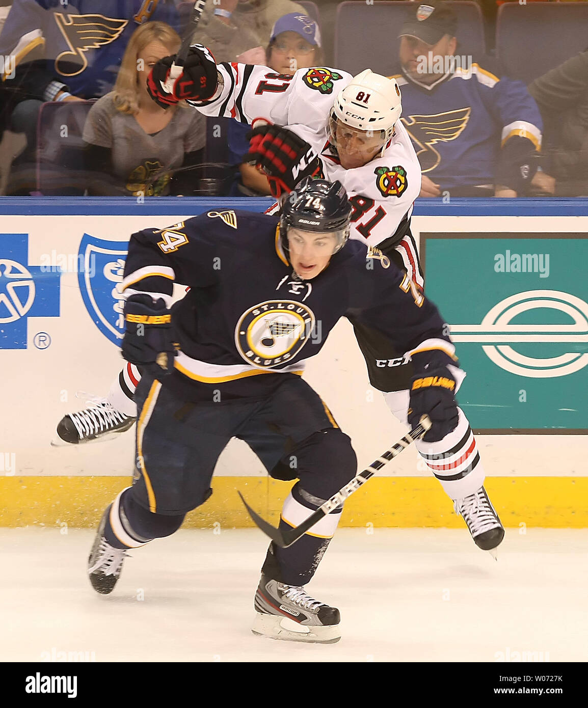 St. Louis Blues T. J. Oshie skates away after a hit along the boards from Chicago Blackhawks Marian Hossa(81) during the first period at the Scottrade Center in St. Louis on December 3rd 2011. UPI/John Boman Jr Stock Photo