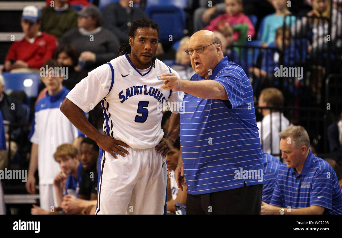 Saint Louis University Billikens head basketball coach Rick Majerus gives instruction to player Jordair Jett during the first half against Illinois-Springfield at the Chaifetz Arena in St. Louis on December 10, 2011.   UPI/Bill Greenblatt Stock Photo