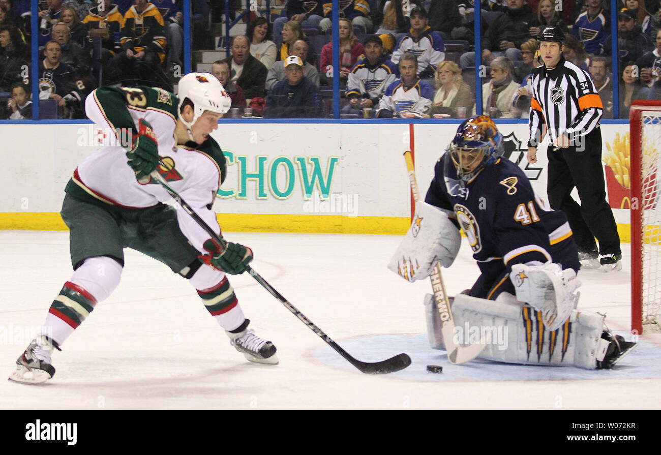 St. Louis Blues goaltender Jaroslav Halak turns away a shot on goal by Minnesota Wild Warren Peters in the second period at the Scottrade Center in St. Louis on January 14, 2012. St. Louis won the game 3-2 in a shootout.    UPI/Bill Greenblatt Stock Photo