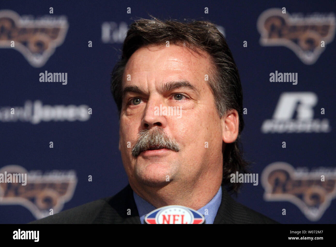 St. Louis Rams new head coach Jeff Fisher answers a question after being introduced at the team's practice facility in Earth City, Missouri on January 17, 2012.   UPI/Bill Greenblatt Stock Photo