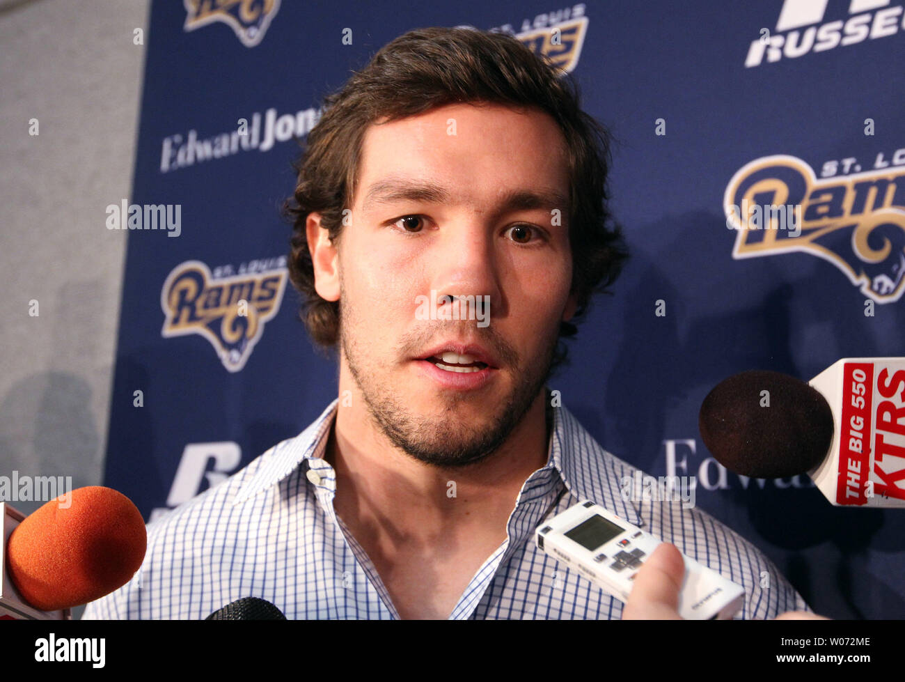 St. Louis Rams quarterback Sam Bradford talks to reporters after new head coach Jeff Fisher was introduced at the team's practice facility in Earth City, Missouri on January 17, 2012.   UPI/Bill Greenblatt Stock Photo