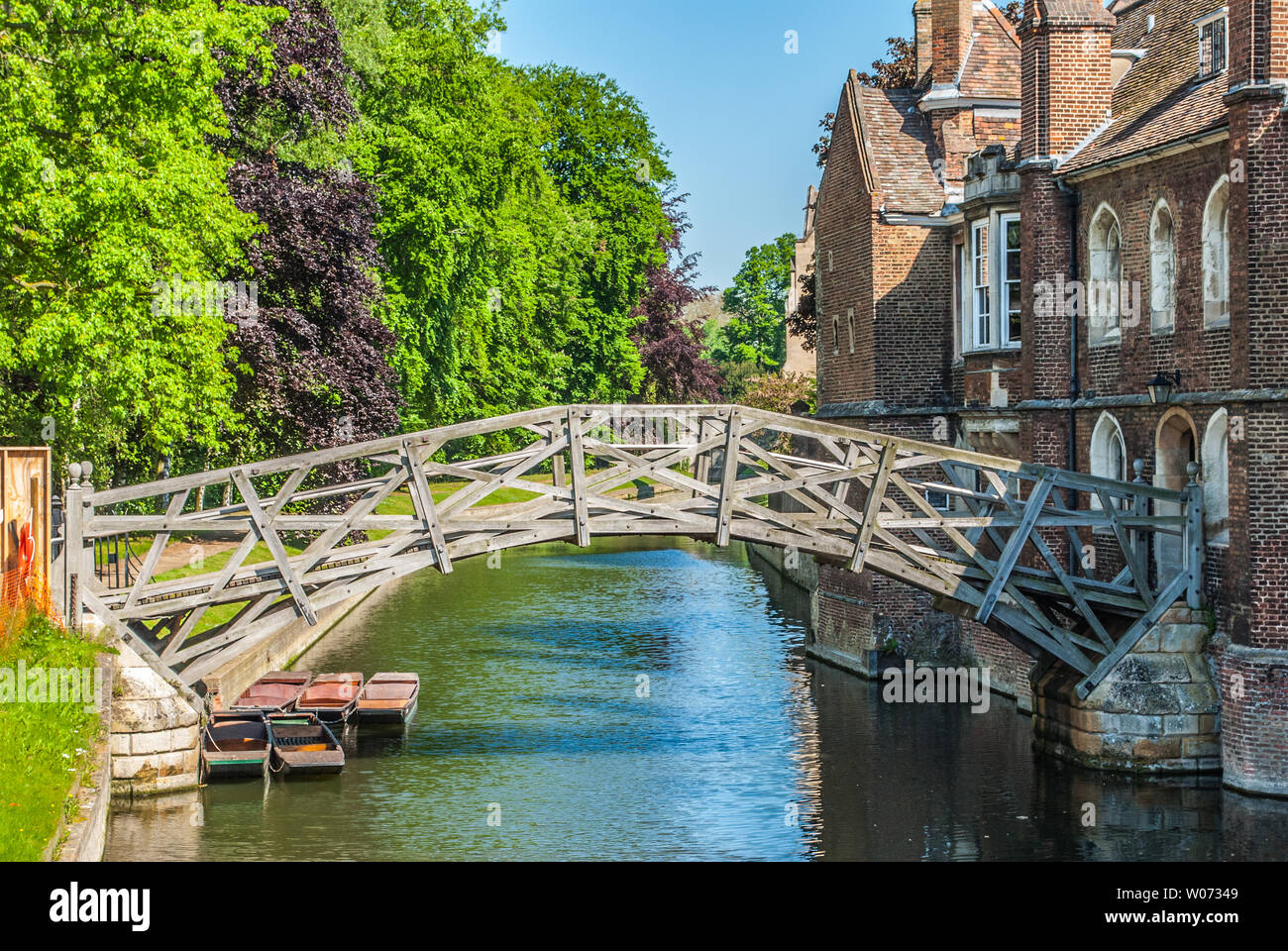 Mathematical Bridge Cambridge - wooden bridge over the River Cam famous for punting. Stock Photo