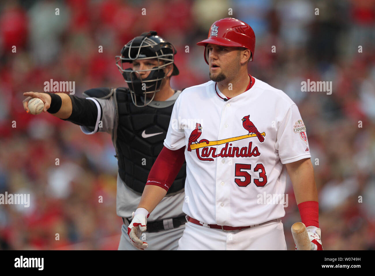Chicago White Sox catcheer A.J. Pierzynski points to third base umpire Chris Guccione for the call as St. Louis Cardinals batter Matt Adams strikes out in the second inning at Busch Stadium in St. Louis on June 14, 2012. UPI/Bill Greenblatt Stock Photo