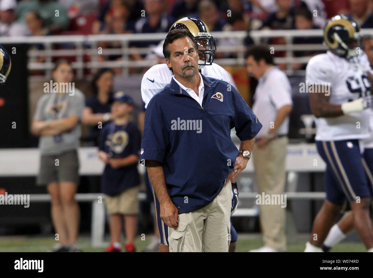 St. Louis Rams head coach Jeff Fisher watches his players practice during the Fan Fest scrimage at the Edward Jones Dome in St. Louis on August 4, 2012.    UPI/Bill Greenblatt Stock Photo
