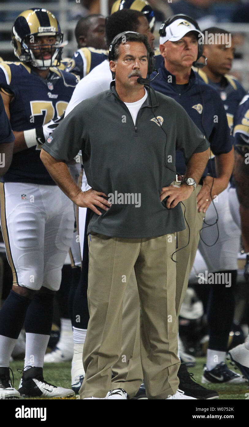 St. Louis Rams head football coach Jeff Fisher watches his team play the Baltimore Ravens in the first quarter at the Edward Jones Dome in St. Louis on August 30, 2012.   UPI/Bill Greenblatt Stock Photo