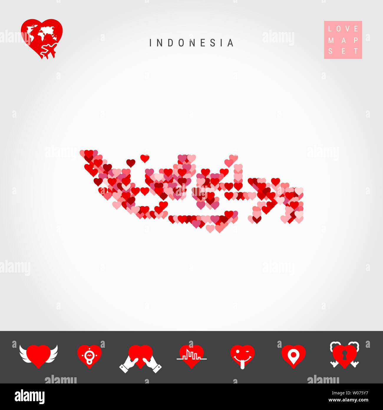 I Love Indonesia. Red and Pink Hearts Pattern Map of Indonesia Isolated on Grey Background. Love Icon Set. Stock Photo