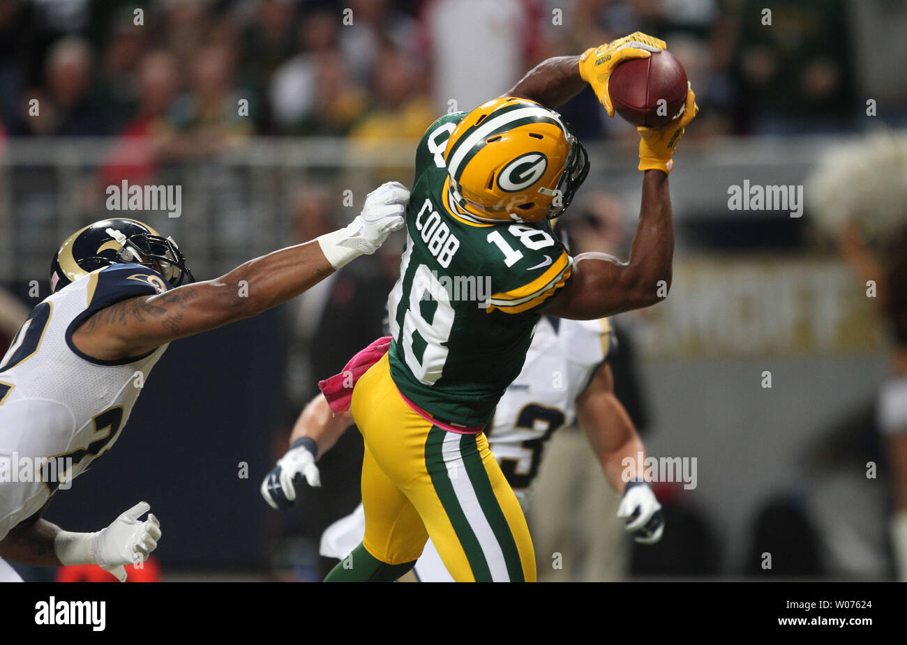 Green Bay Packers Randall Cobb makes a touchdown grab in the fourth quarter against the St. Louis Rams at the Edward Jones Dome in St. Louis on October 21, 2012. Green Bay won the game 30-20.     UPI/Bill Greenblatt Stock Photo