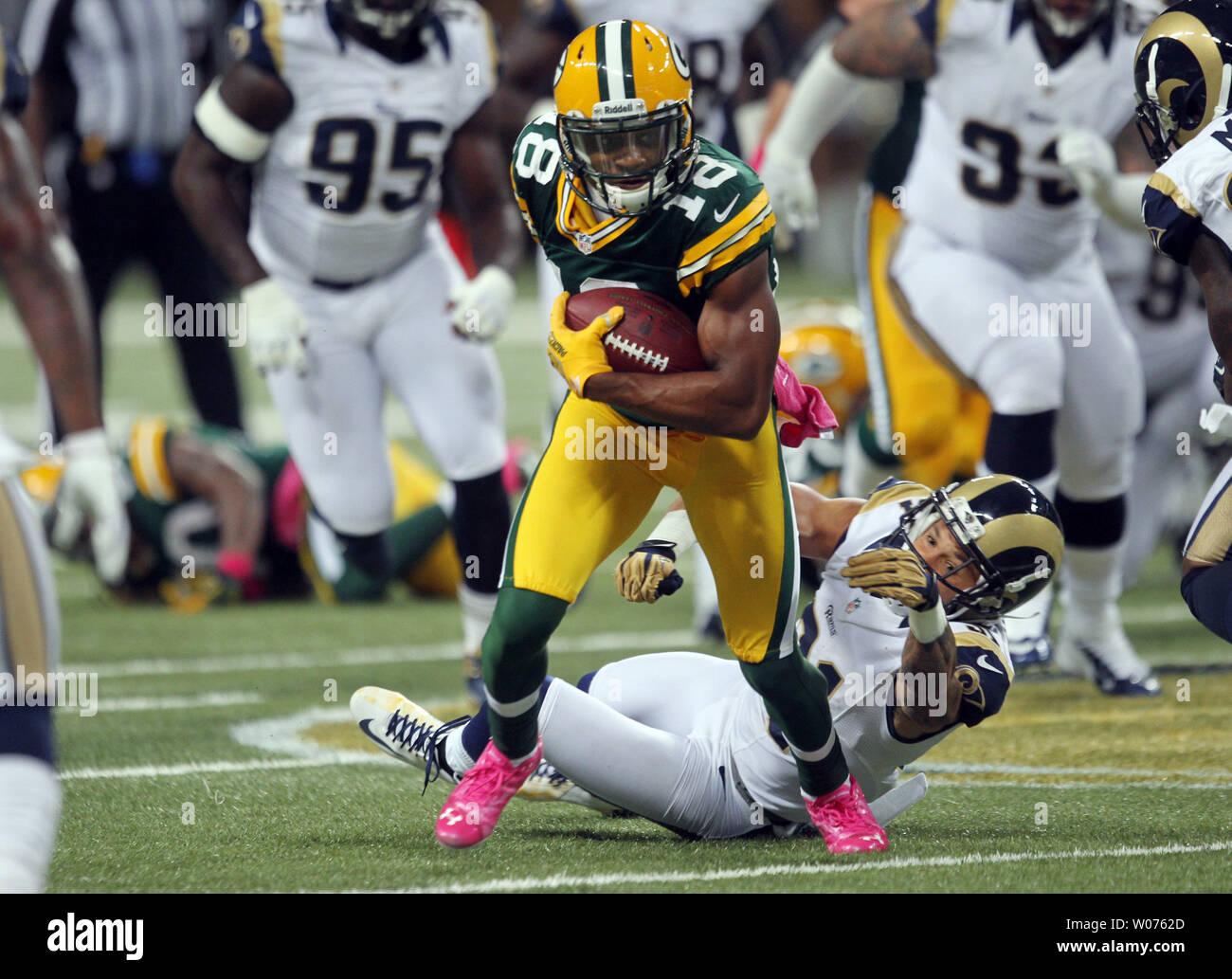 Green Bay Packers Randall Cobb runs past the St. Louis Rams defense during the second quarter at the Edward Jones Dome in St. Louis on October 21, 2012.  Green Bay won the game 30-20.   UPI/Bill Greenblatt Stock Photo
