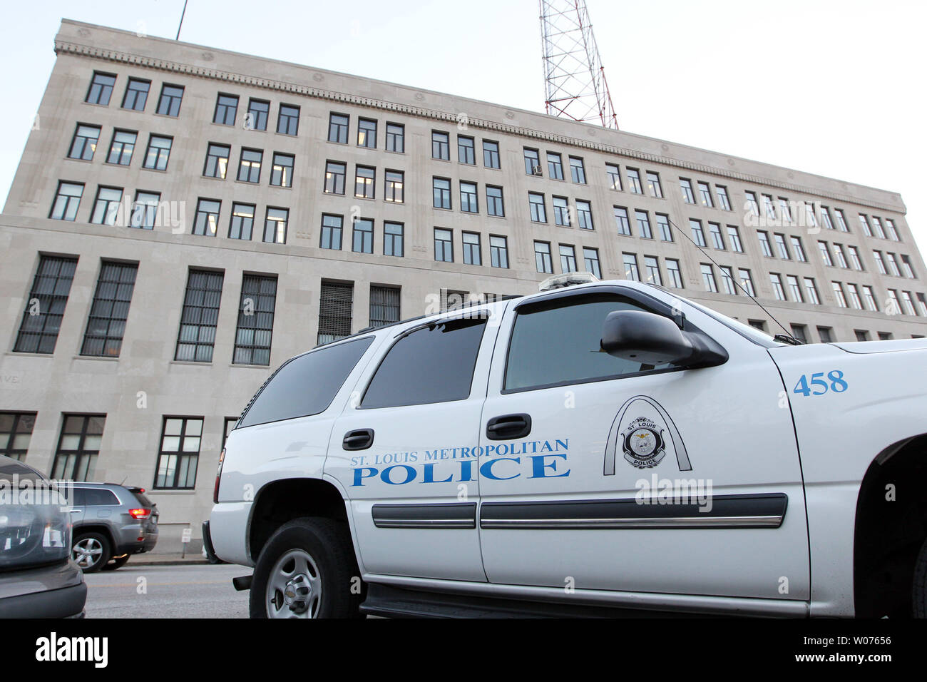 A St. Louis Police Department vehicle is pictured in front of Police