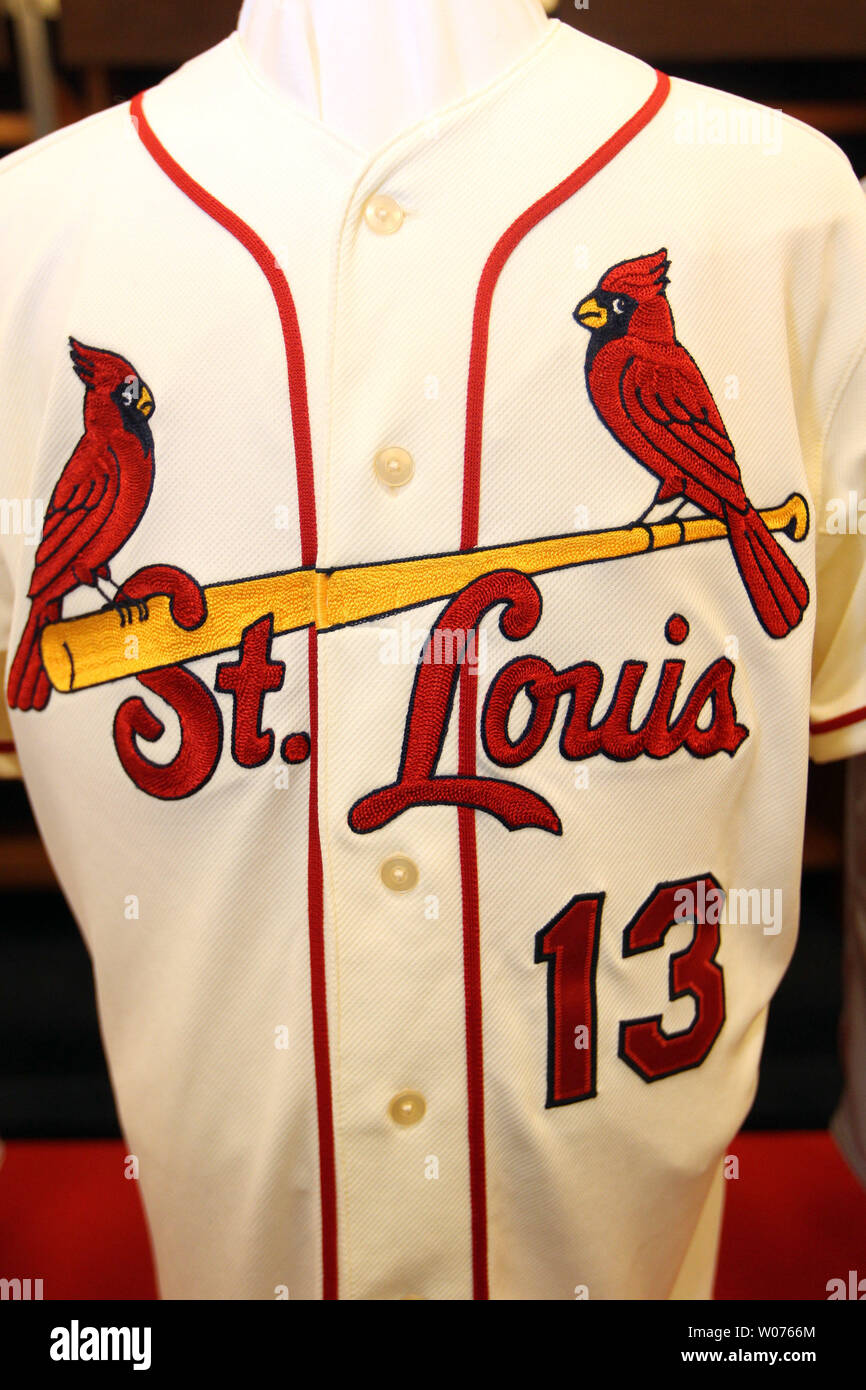 The new St. Louis Cardinals uniform jersey on display at Busch Stadium in St.  Louis on November 16, 2012. For the first time in 80 years, the team will  wear an alternate