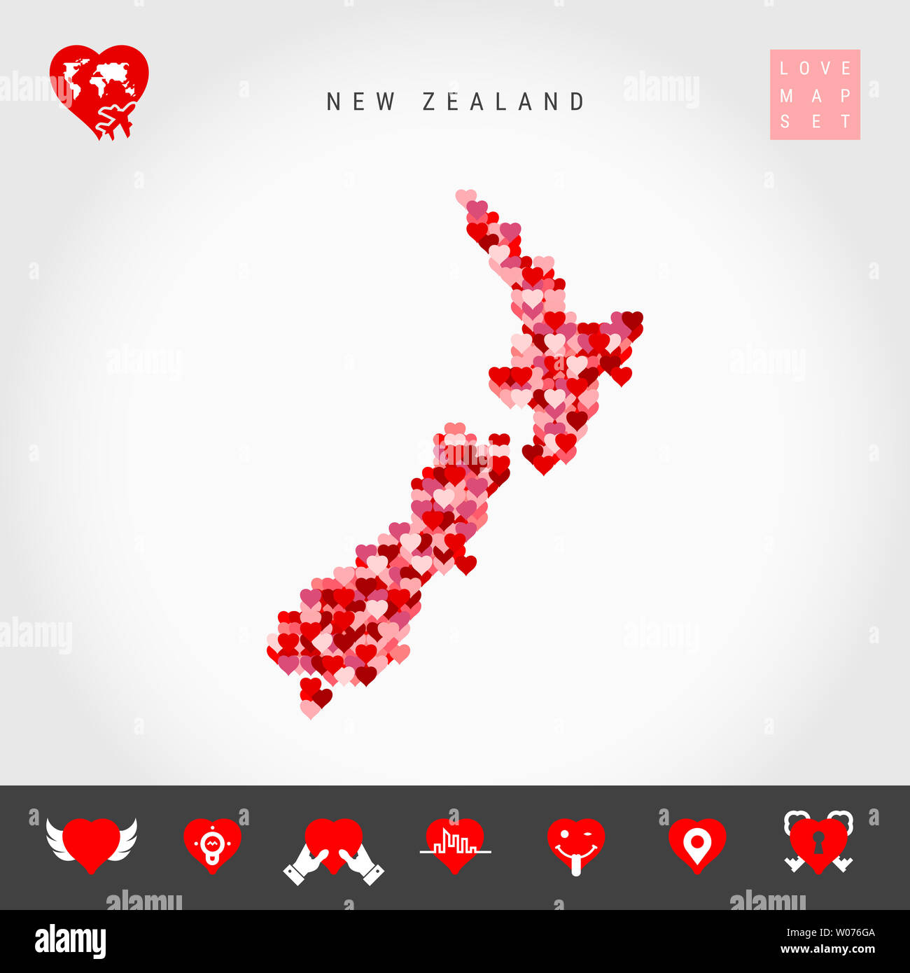 I Love New Zealand. Red and Pink Hearts Pattern Map of New Zealand ...