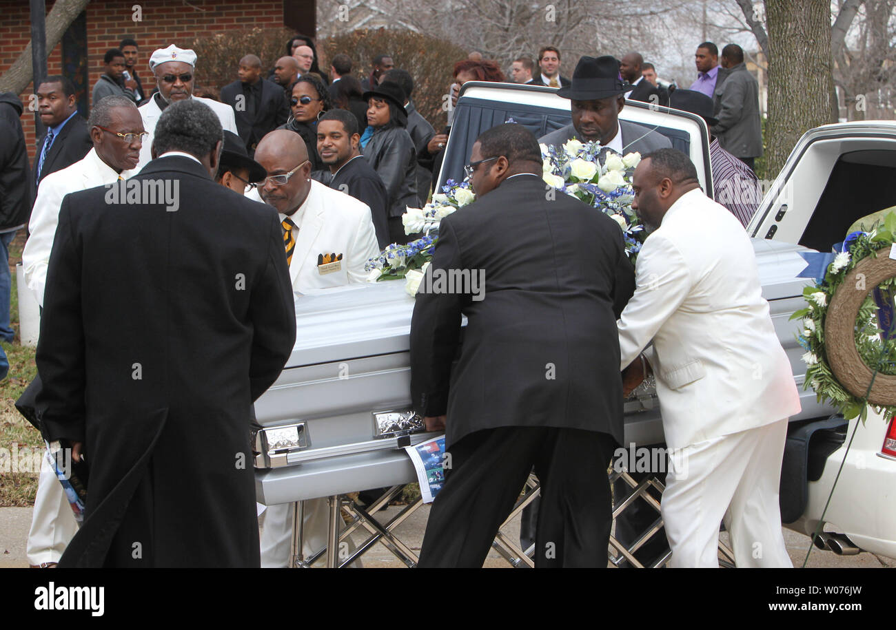 Officials place the casket of Jerry Brown, Jr. in a waiting hearse during his funeral at the Hopewell Missionary Baptist Church in St. Louis on December 15, 2012. The Dallas CowboysÕ practice squad nose tackle was killed in an Irving car accident on December 8, 2012 when his best friend and teammate Josh Brent hit a curb, flipping the vehicle.    UPI/Bill Greenblatt Stock Photo