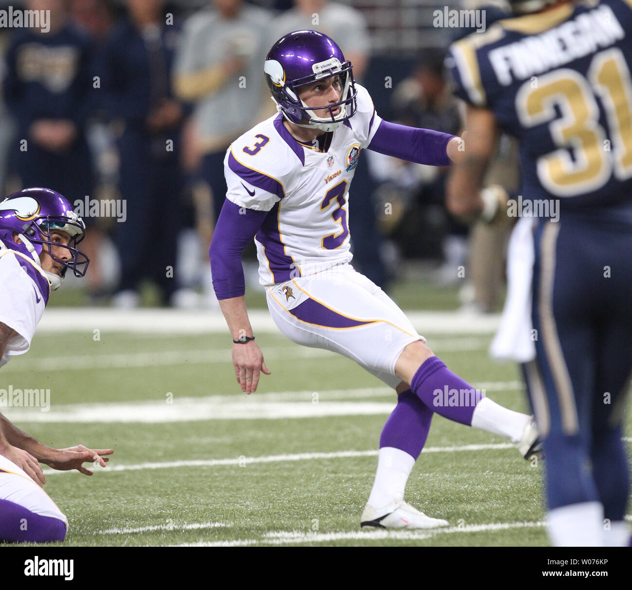 Minnesota Vikings kicker Blair Walsh kicks a 51- yard field goal in the fourth quarter against the St. Louis Rams at the Edward Jones Dome in St. Louis on December 16, 2012. Walsh had five field goals in the game, three from 50 or more yards in the 36-22 win over St. Louis.   UPI/Bill Greenblatt Stock Photo