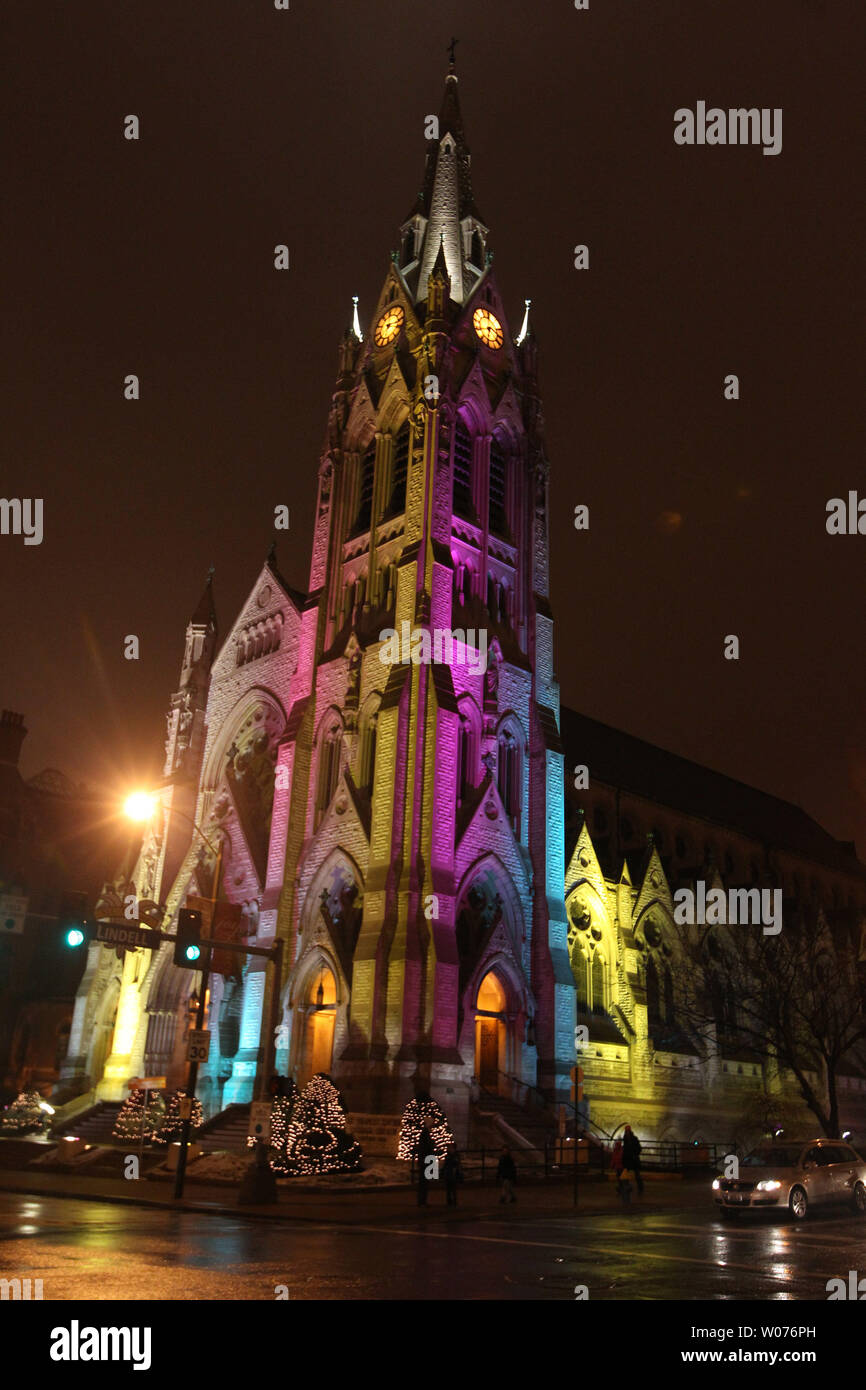 The Saint Francis Xavier College Church is adorned with colorful lights for the nearby First Night St. Louis in St. Louis on December 31, 2012. First Night is an alcohol free, family oriented celebration of the new year expressed through the arts.   UPI/Bill Greenblatt Stock Photo