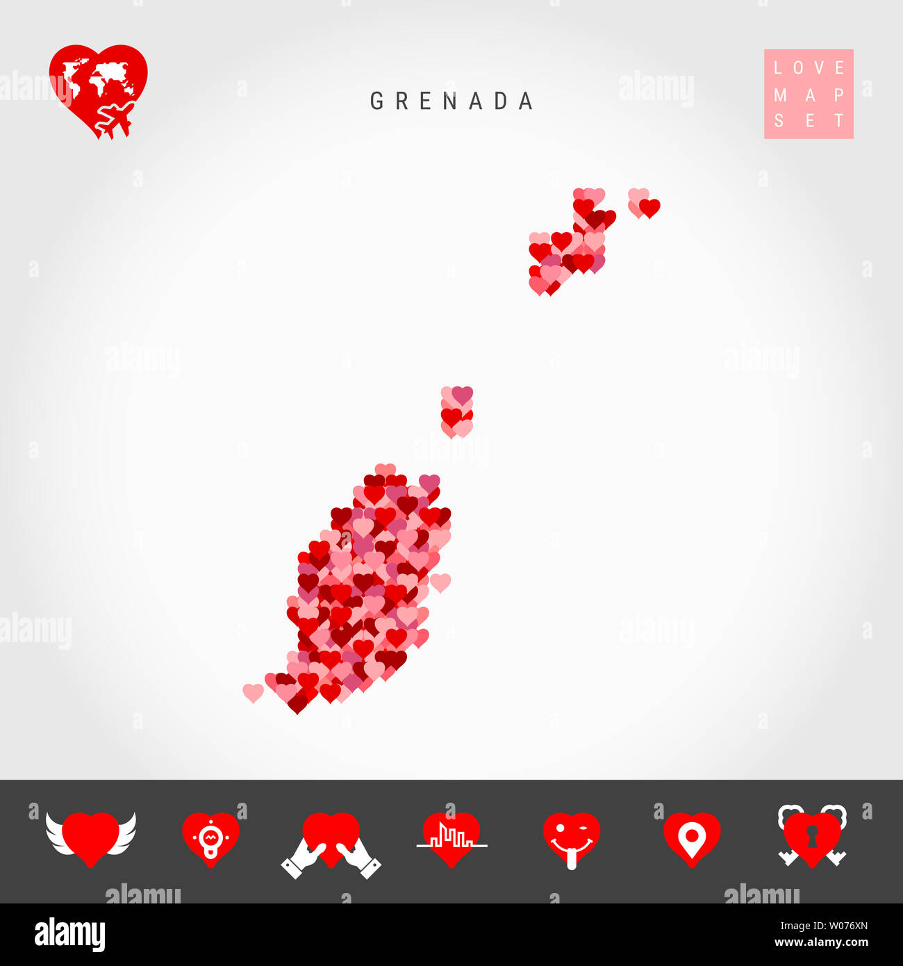 Red and Pink Hearts Pattern Map of Grenada Isolated on Grey Background. Love Icon Set. Stock Photo