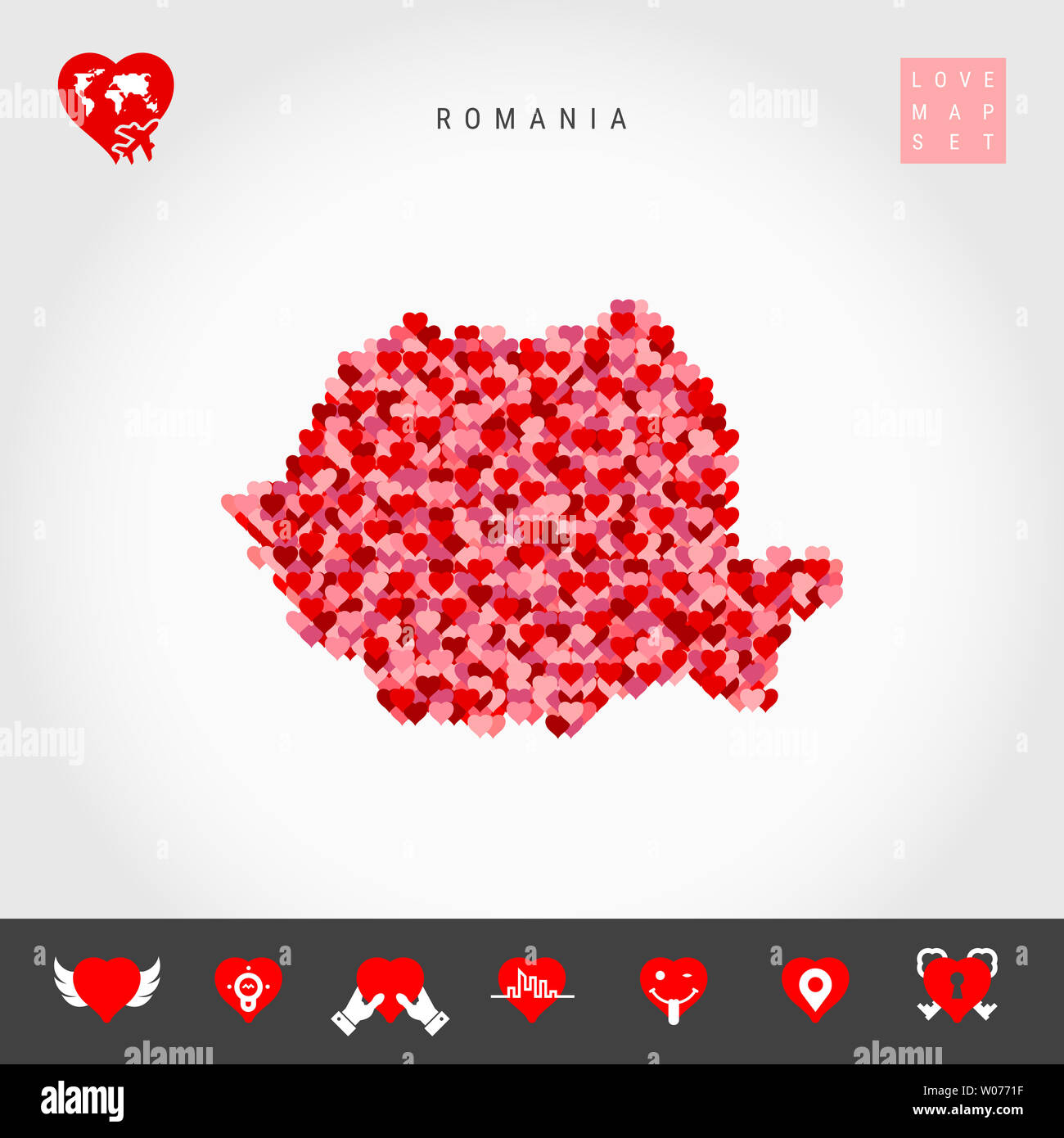 Red and Pink Hearts Pattern Map of Romania Isolated on Grey Background ...