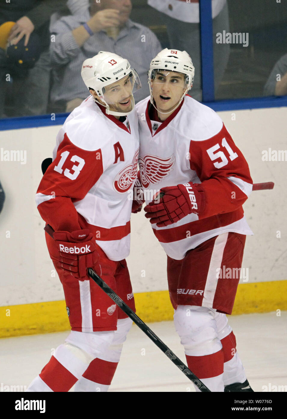 Detroit Red Wings Valtteri Filppula R Of Finland Is Congratulated By Pavel Datsyuk Of Russia After Scoring A Goal In The Third Period Against The St Louis Blues At The Scottrade Center