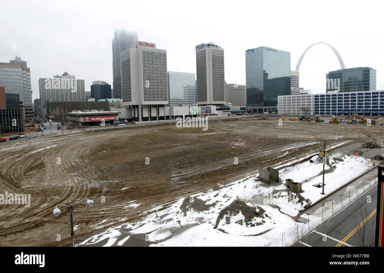 The area where the old Busch Stadium used to sit has been cleared of a
