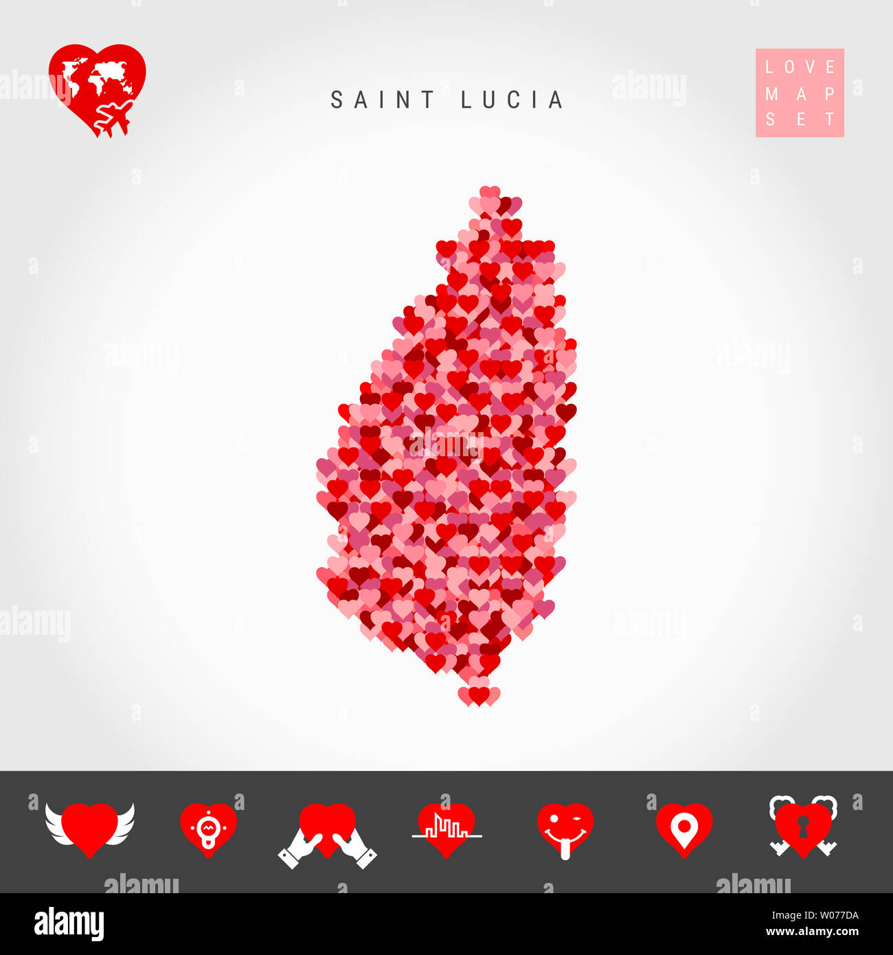 Red and Pink Hearts Pattern Map of Saint Lucia Isolated on Grey ...