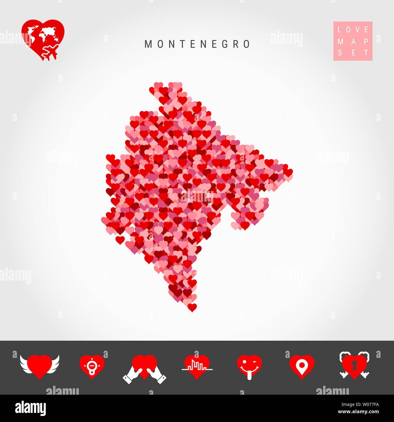 Red and Pink Hearts Pattern Map of Montenegro Isolated on Grey ...