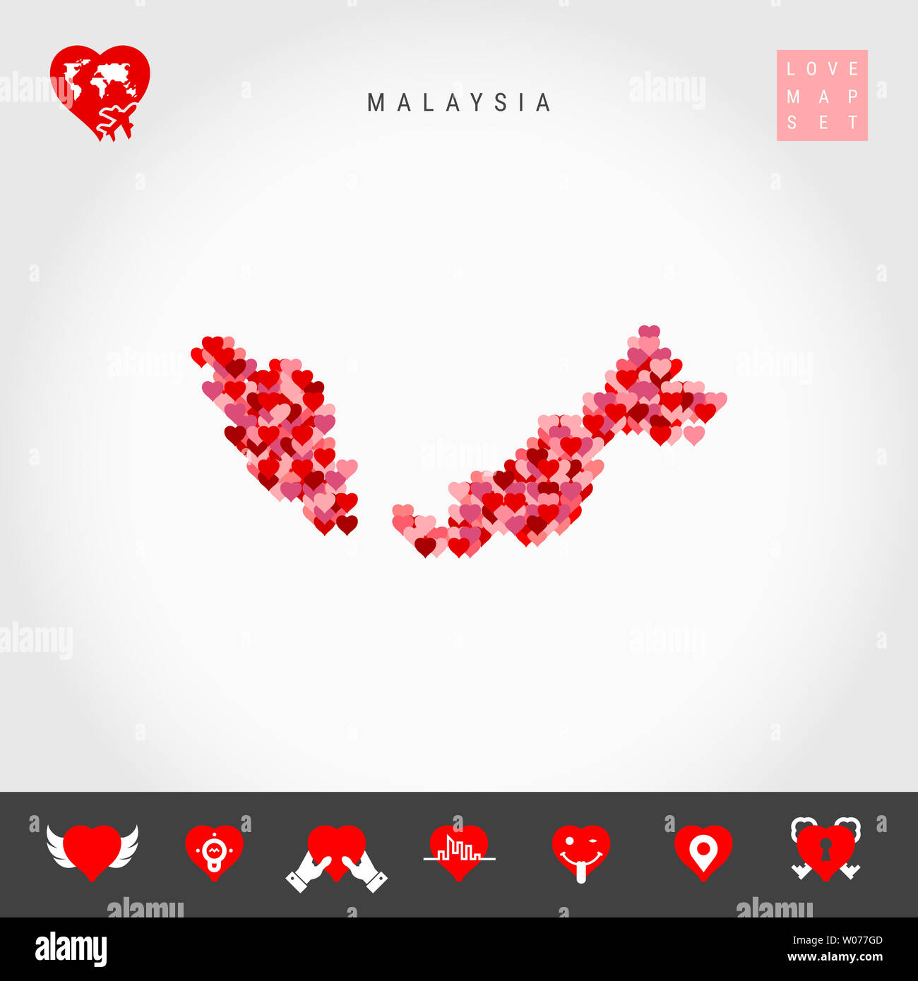 Red and Pink Hearts Pattern Map of Malaysia Isolated on Grey Background ...