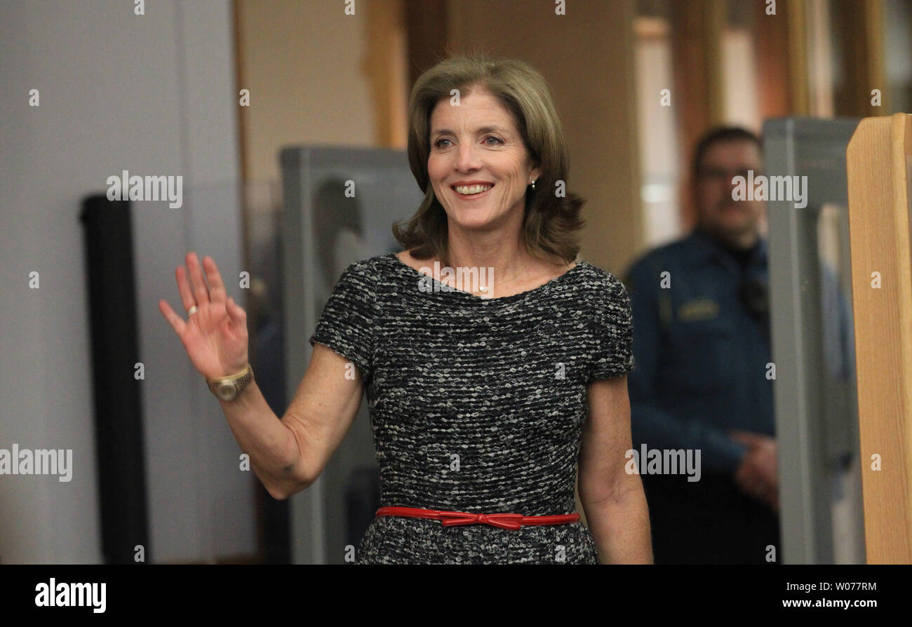 Caroline Kennedy waves to the crowd as she takes the stage to talk about her new book, 'Poems to Learn by Heart,' at the St. Louis County Library in Frontenac, Missouri on April 3, 2013. Kennedy is the author of eight New York Times bestselling books on American history, politics, constitutional law and poetry.    UPI/Bill Greenblatt Stock Photo