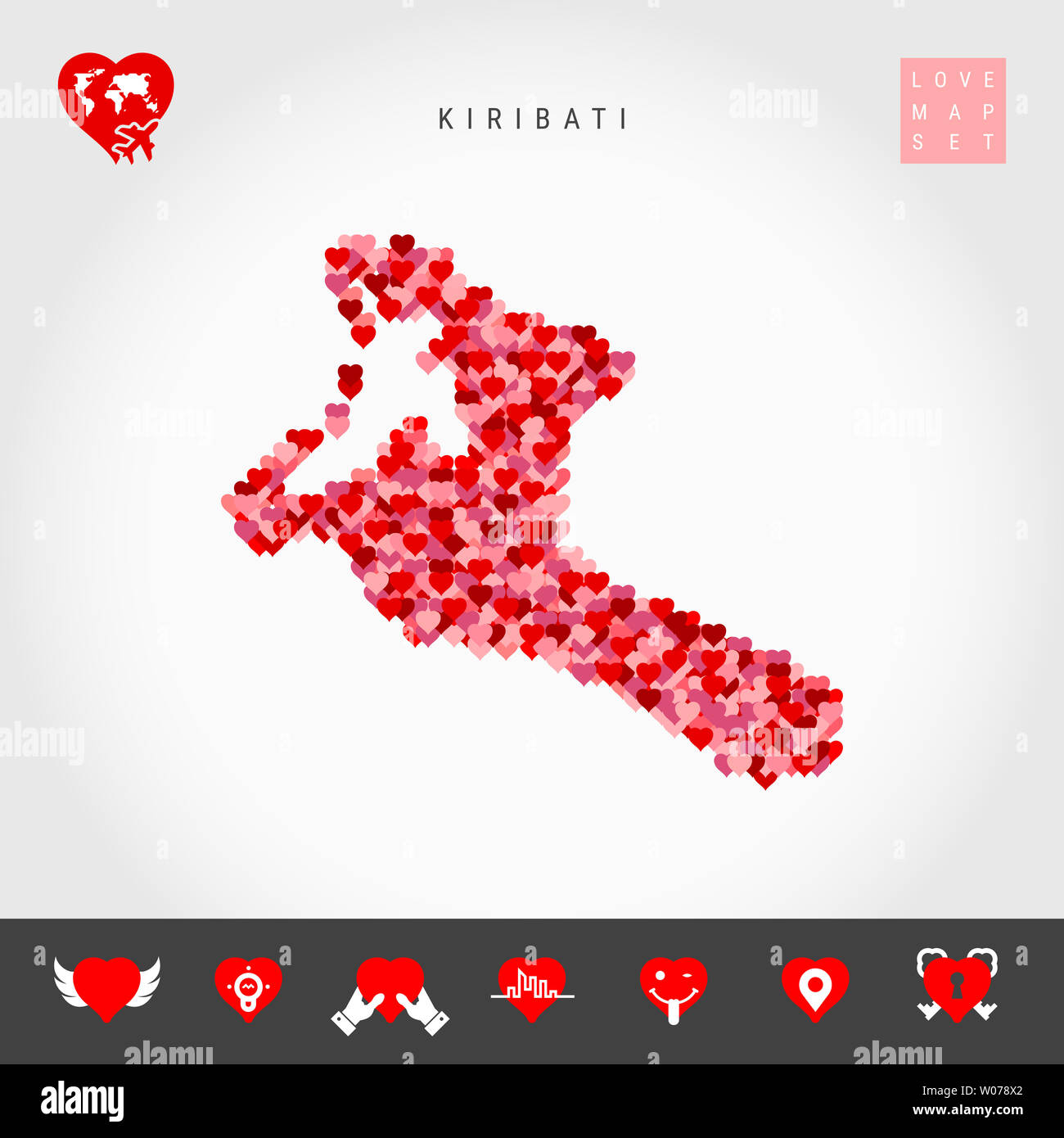 I Love Kiribati. Red and Pink Hearts Pattern Map of Kiribati Isolated on Grey Background. Love Icon Set. Stock Photo