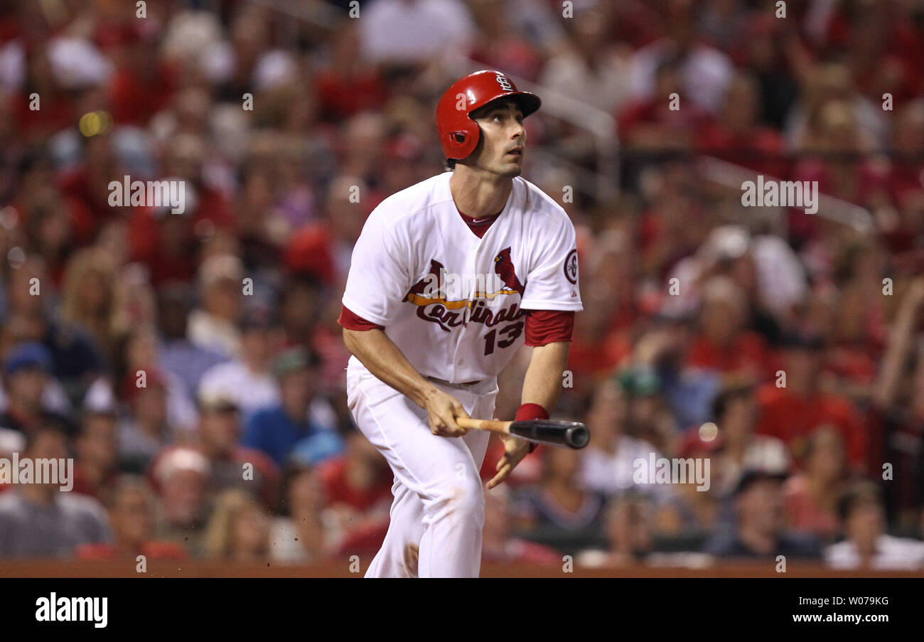 St. Louis Cardinals Matt Carpenter watches his two run home run leave the park in the seventh inning against the Houston Astros at Busch Stadium in St. Louis on July 10, 2013.  UPI/Bill Greenblatt Stock Photo