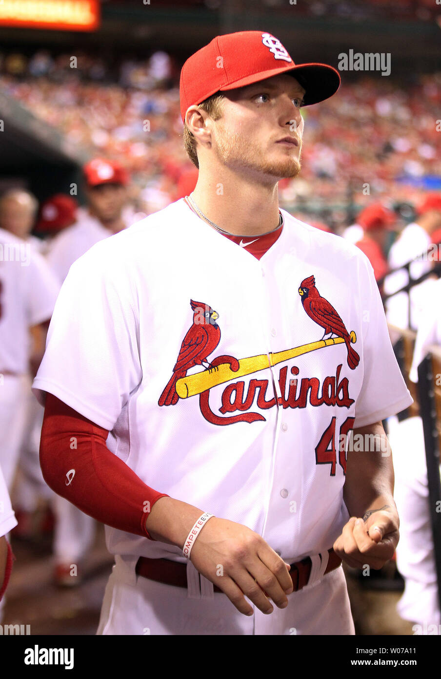 St Louis Cardinals Pitcher Shelby Miller Stands In The Dugout Wearing A Sleeve On His Throwing Arm During A Game Against The Los Angeles Dodgers At Busch Stadium In St Louis On