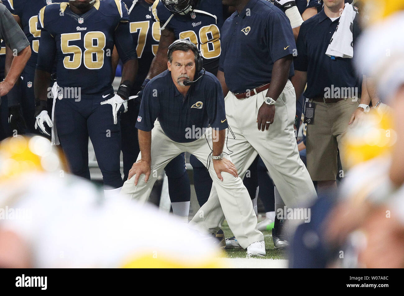 St. Louis Rams head football coach Jeff Fisher watches the action against the Green Bay Packers during their pre season game at the Edward Jones Dome in St. Louis on August 17, 2013.   UPI/Bill Greenblatt Stock Photo