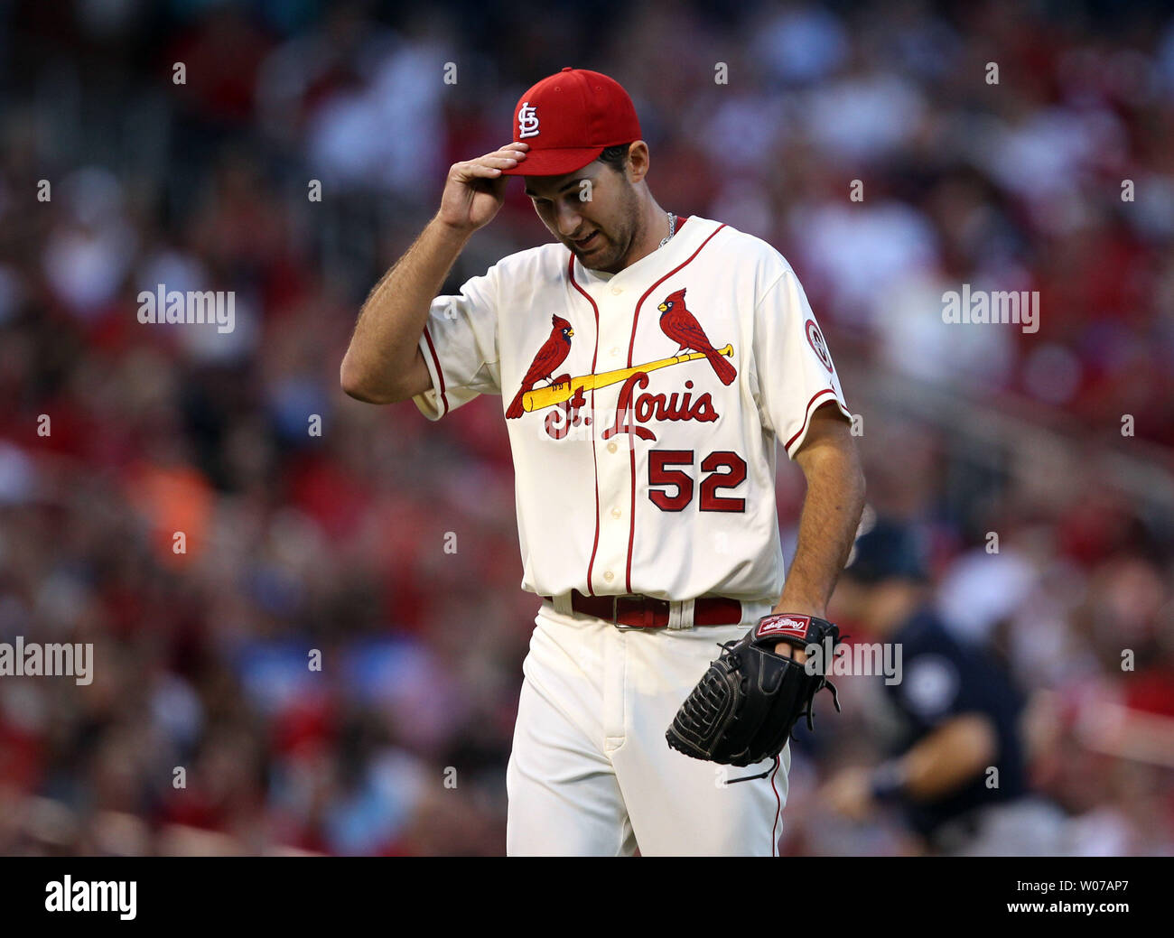 St. Louis Cardinals starting pitcher Michael Wacha adjusts his cap as he leaves the field in the fifth inning after giving up two runs to the Seattle Mariners at Busch Stadium in St. Louis on September 14, 2013.   UPI/Bill Greenblatt Stock Photo