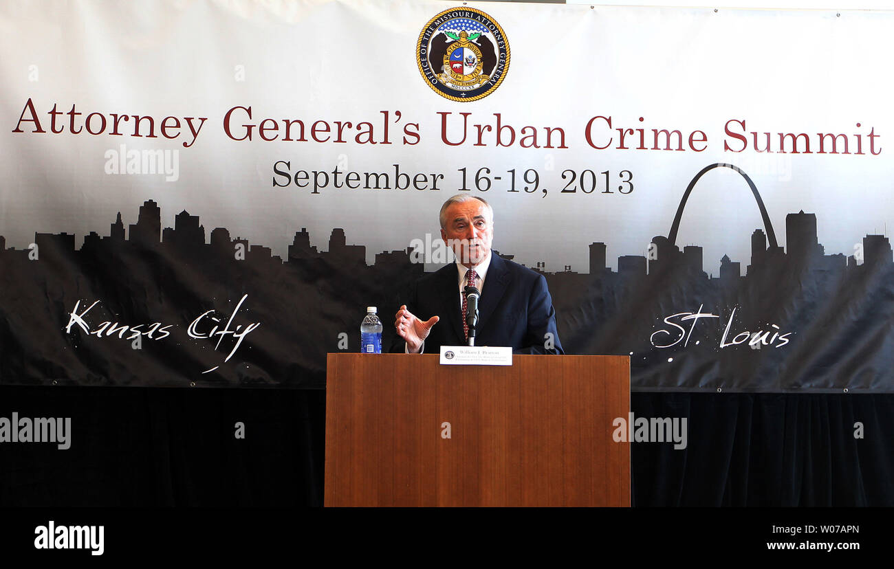 William Bratton, former Commissioner of the New York Police Department and Police Chief of Los Angeles makes his remarks during the Attorney General's Urban Crime Summit in St. Louis on September 18, 2013. Missouri Attorney General Chris Koster is holding the week long meetings in Kansas City and St. Louis, featuring speakers that will help spur ideas that will eventually lower the crime rate throughout the State of Missouri. UPI/Bill Greenblatt Stock Photo